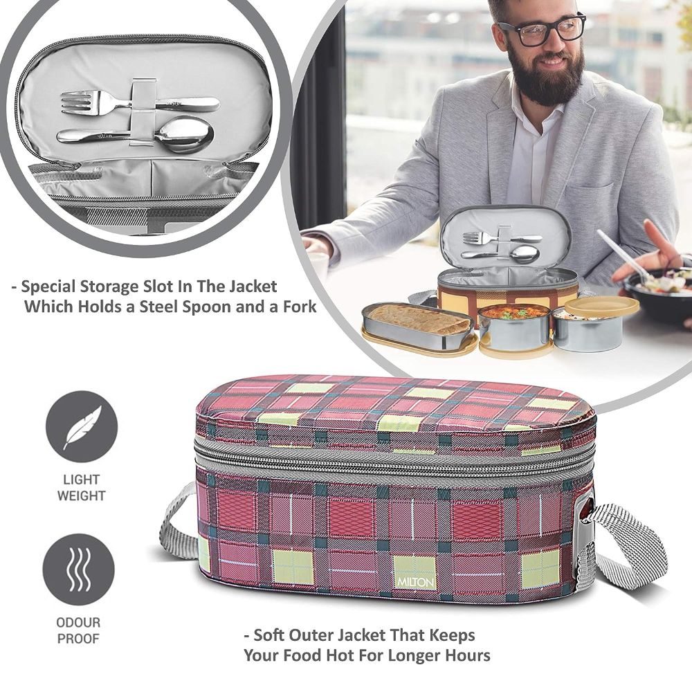 Milton Corporate Lunch 3 Stainless Steel Container Lunch Box with Bag, Pink, 500 & 280 ml