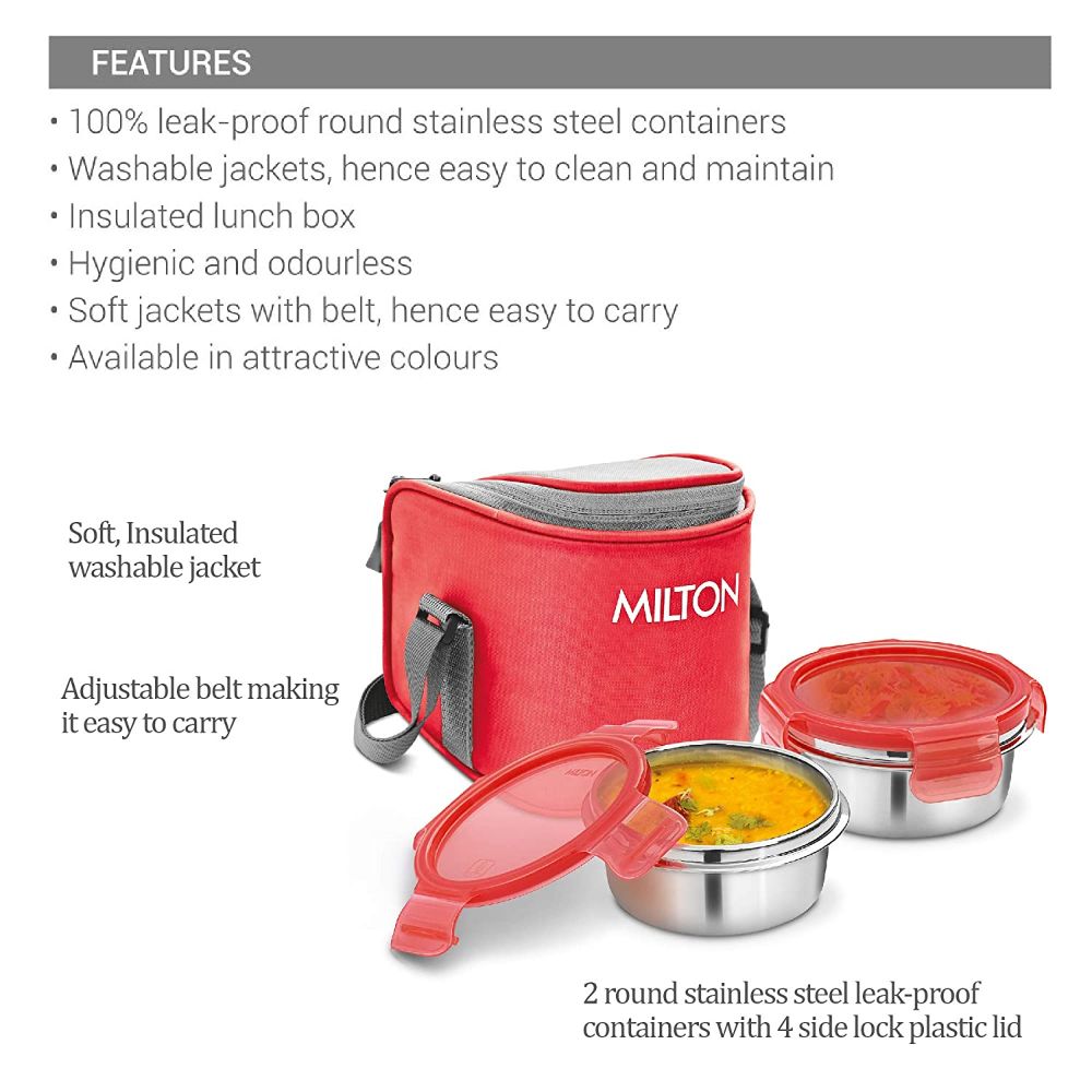 Milton Cube 2 Stainless Steel Tiffin Lunch Box with 2 Containers, 300 ml each, Red