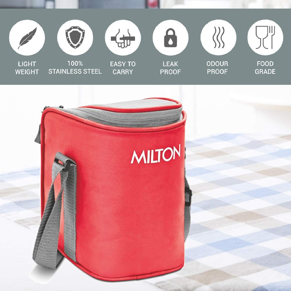 Milton Cube 3 Stainless Steel Tiffin Lunch Box, 300 ml each container, Red