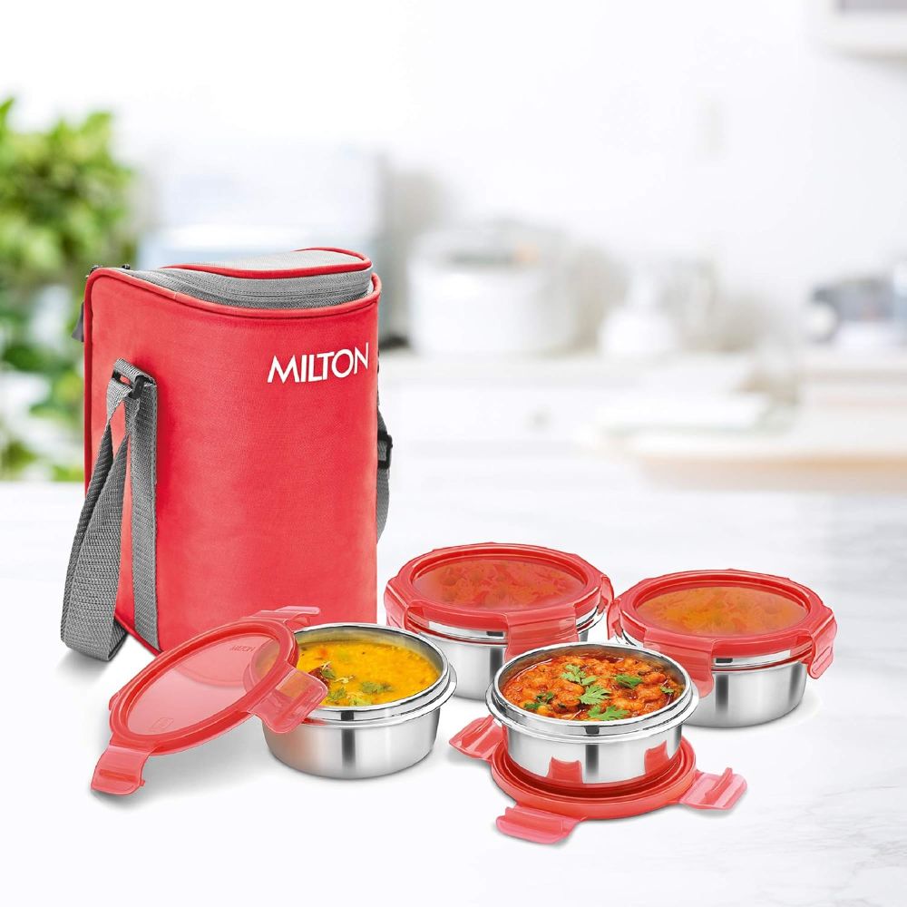 Milton Cube 4 Stainless Steel Tiffin Lunch Box, 300 ml each container, Red