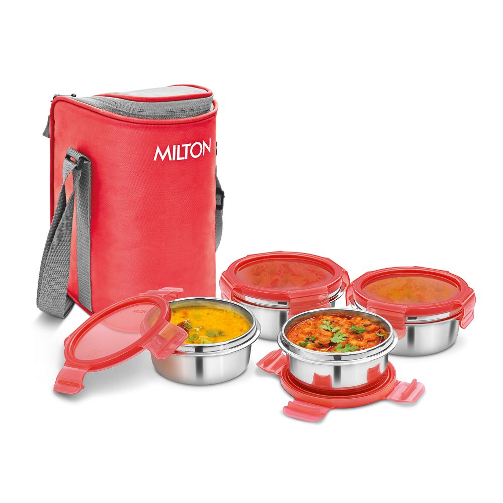 Milton Cube 4 Stainless Steel Tiffin Lunch Box, 300 ml each container, Red