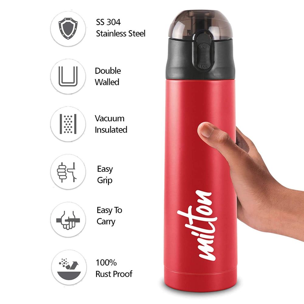Milton New Crown-900 Thermosteel Hot and Cold Vacuum Insulated Water Bottle, 750 ML, Red