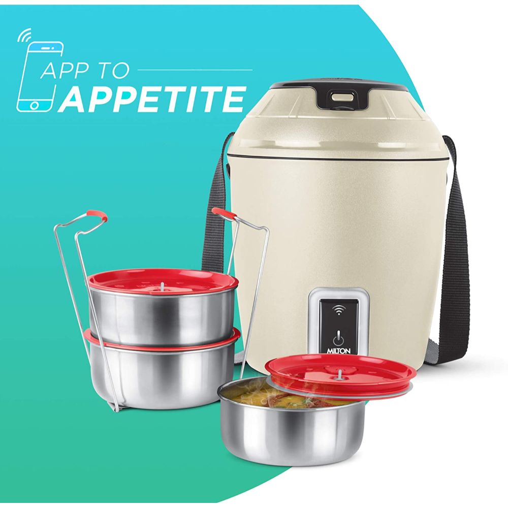 Milton Smart Electric App Enabled Tiffin, Set of 3, 300 ml Each, Beige | No Minimum Distance | Compatible with Alexa and Google Voice Assistants | Heat Scheduler | Heat from anywhere with App