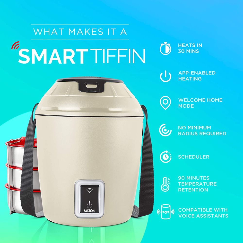 Milton Smart Electric App Enabled Tiffin, Set of 3, 300 ml Each, Beige | No Minimum Distance | Compatible with Alexa and Google Voice Assistants | Heat Scheduler | Heat from anywhere with App