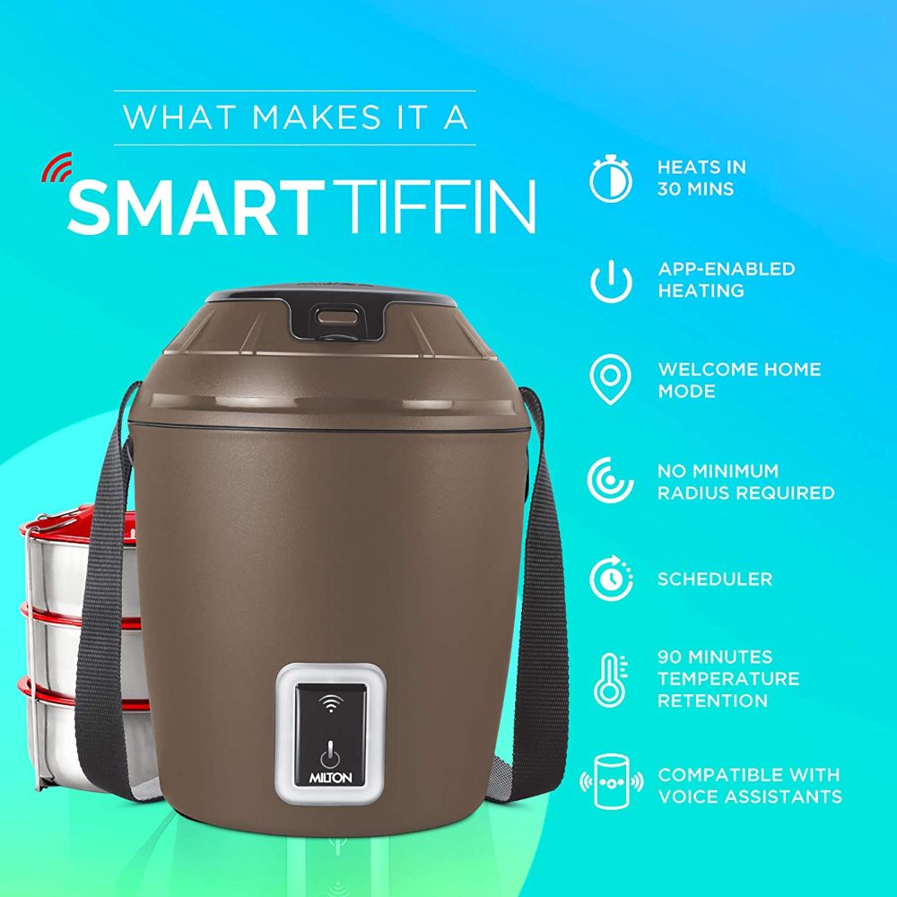 Milton Smart Electric App Enabled Tiffin Box With 3 Stainless Steel Containers, 300 ML Each, Brown