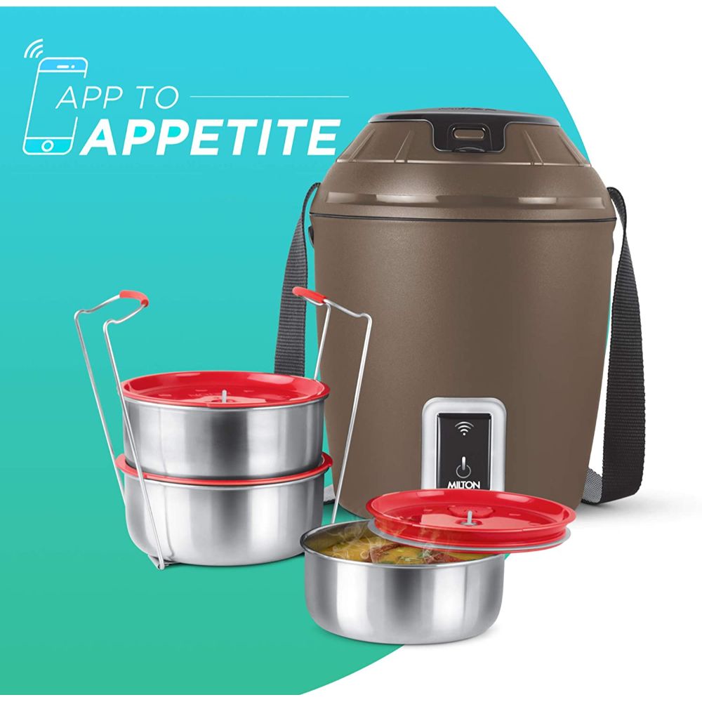 Milton Smart Electric App Enabled Tiffin Box With 3 Stainless Steel Containers, 300 ML Each, Brown