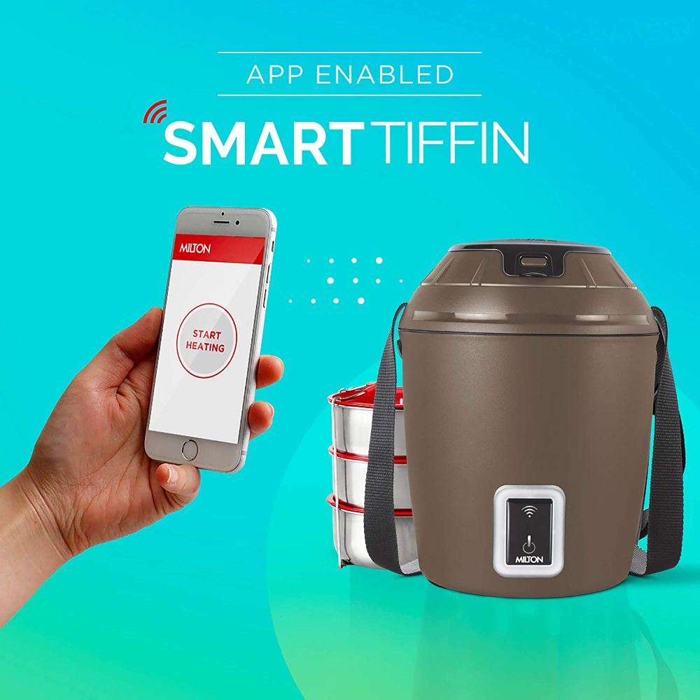 Milton Smart Electric App Enabled Tiffin Box With 3 Stainless Steel Containers, 300 ML Each, Brown