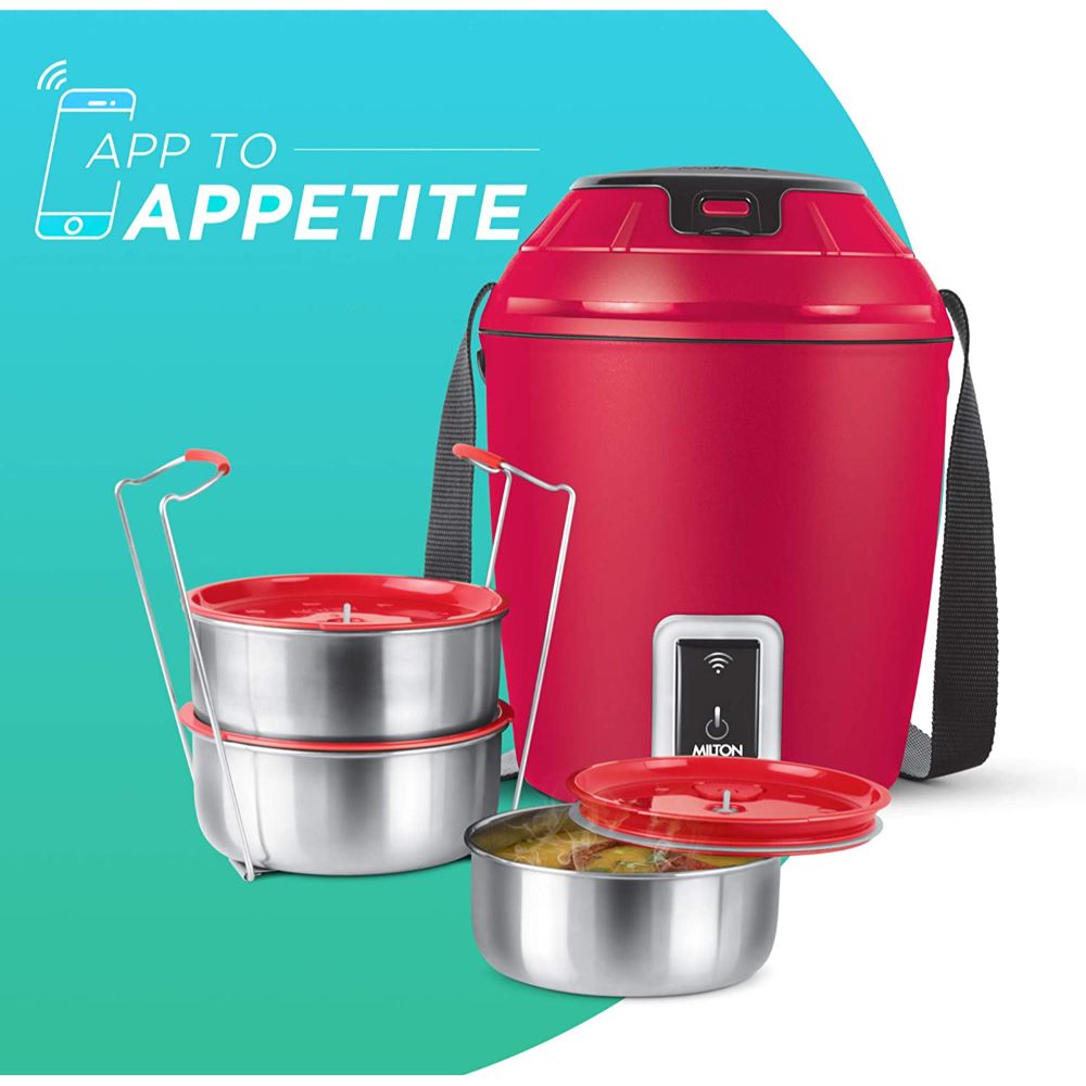 Milton Smart Electric App Enabled Tiffin Box With 3 Stainless Steel Containers, 300 ML Each, Maroon