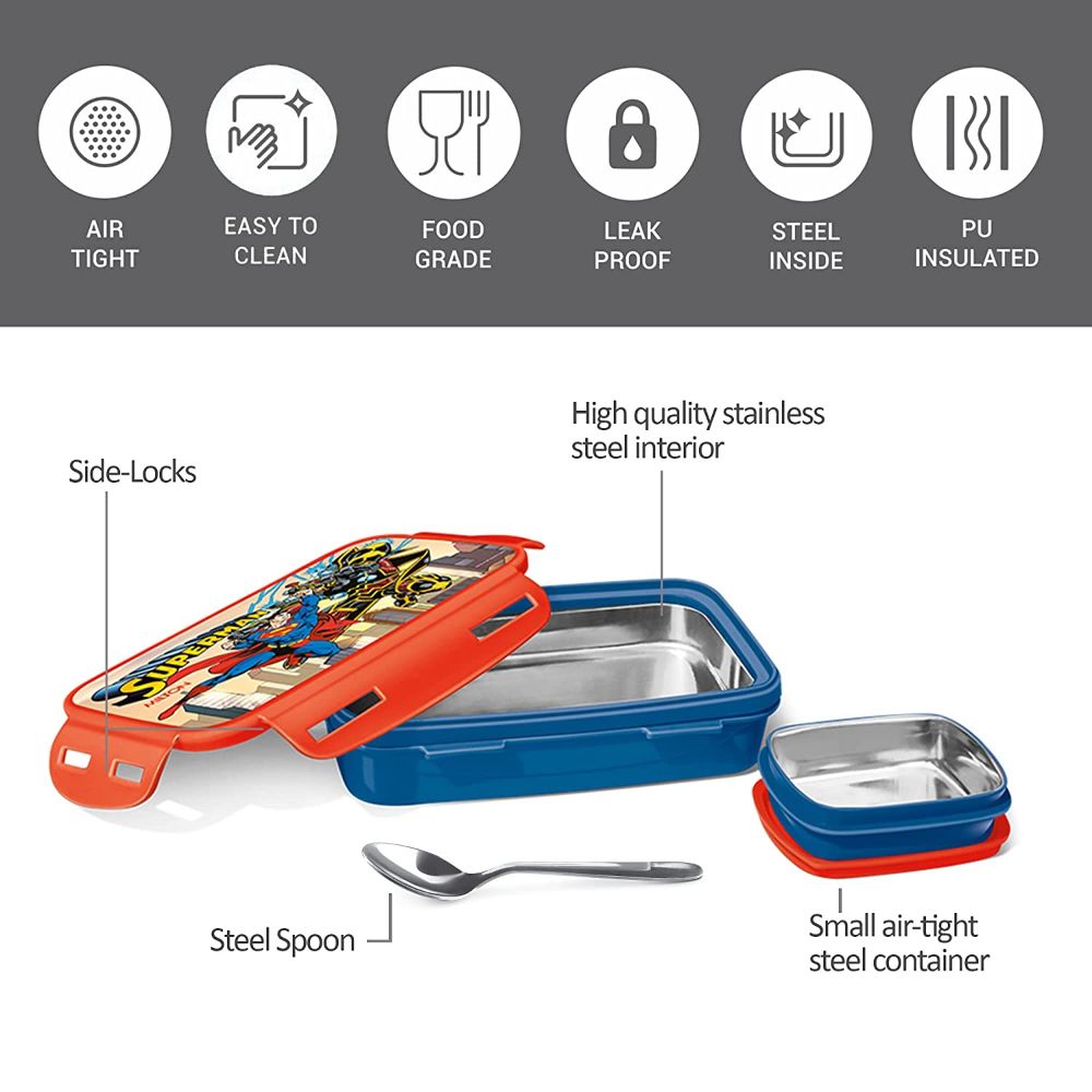 Milton Steely Prime Insulated Inner Stainless Steel Small Tiffin Box, 400 ml, with Inner Container, 80 ml and Spoon, Blue | Food Grade | Easy to Carry | Easy to Clean | Leak Proof | School Lunch Box