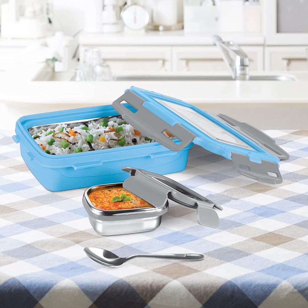 Milton Steely Super Deluxe Insulated Inner Stainless Steel Small Tiffin Box, 400 ml, with Inner Stainless Steel Container, 120 ml and Spoon, Sky Blue | Food Grade | Easy to Carry | Easy to Clean