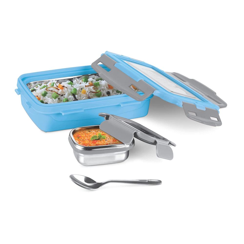 Milton Steely Super Deluxe Insulated Inner Stainless Steel Small Tiffin Box, 400 ml, with Inner Stainless Steel Container, 120 ml and Spoon, Sky Blue | Food Grade | Easy to Carry | Easy to Clean