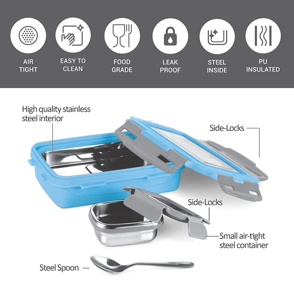Milton Steely Super Deluxe Insulated Inner Stainless Steel Small Tiffin Box, 400 ml, with Inner Stainless Steel Container, 120 ml and Spoon, Sky Blue | Food Grade | Easy to Carry | Easy to Clean