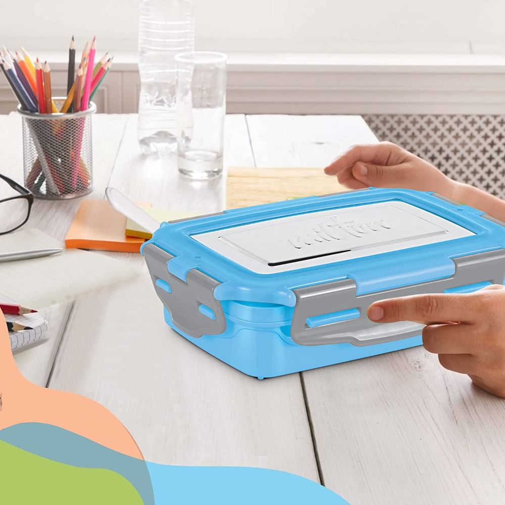 Milton Steely Super Deluxe Insulated Inner Stainless Steel Small Tiffin Box, 400 ml, with Inner Stainless Steel Container, 120 ml and Spoon, Sky Blue | Food Grade | Easy to Carry | Easy to Clean