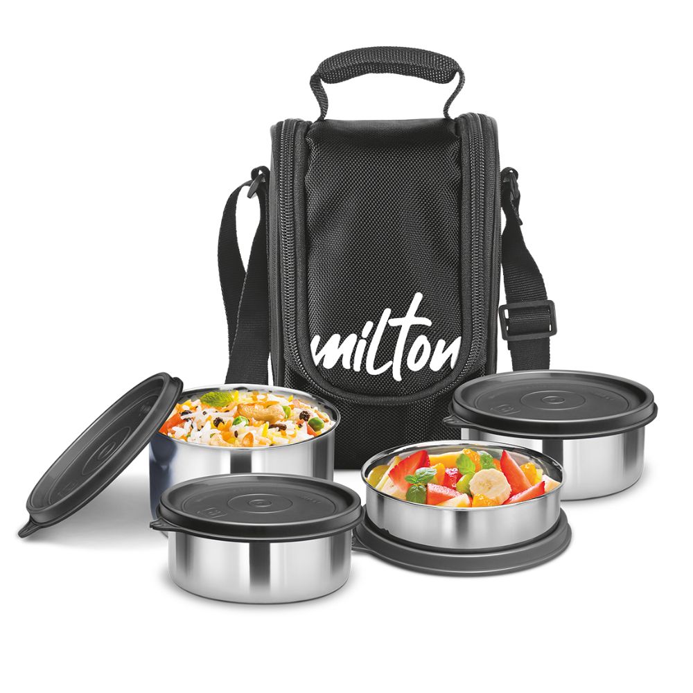 Milton TASTY LUNCH-4 Stainless Steel Lunch Pack With Bag, Black