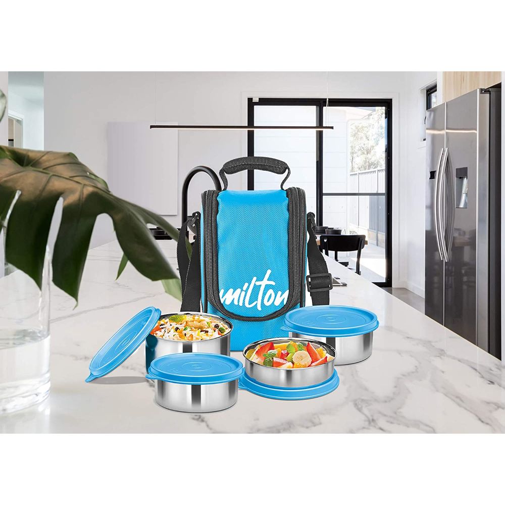Milton TASTY LUNCH-4 Stainless Steel Lunch Pack With Bag, Cyan