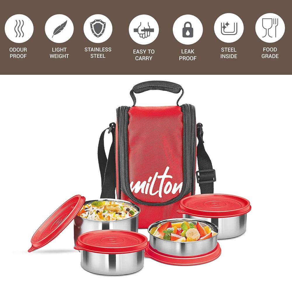 Milton TASTY LUNCH-4 Stainless Steel Lunch Pack With Bag, Red