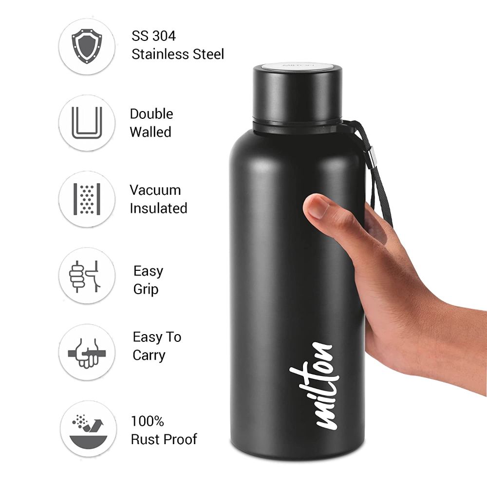 Milton Aura 750 Thermosteel Bottle, 750 ml, Black | 24 Hours Hot and Cold | Easy to Carry | Rust Proof | Leak Proof | Tea | Coffee | Office| Gym | Home | Kitchen | Hiking | Trekking | Travel Bottle