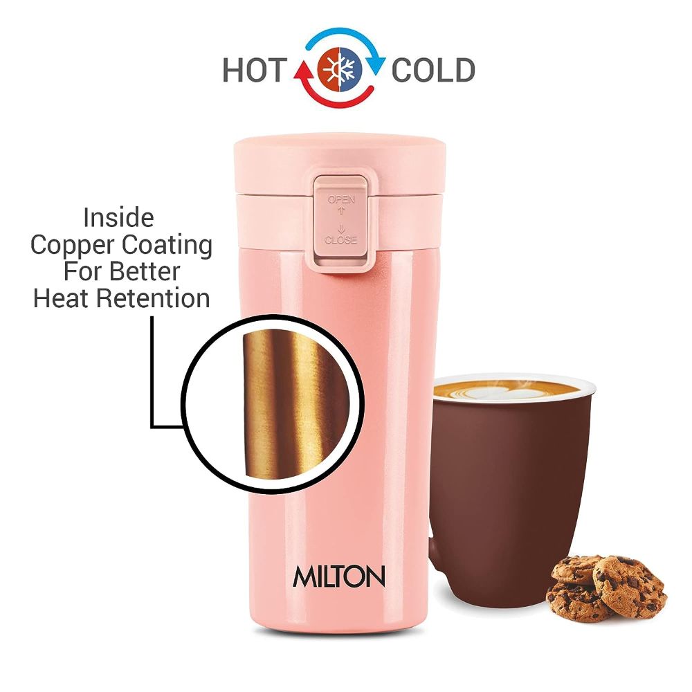 Milton Coffee Mug Thermosteel Hot or Cold Insulated Flask, 350 ml, Peach | Leak Proof | Rust Proof | Tea Mug | Soup Flask | Juice Mug | Water Flask | Easy Grip | Easy to Carry