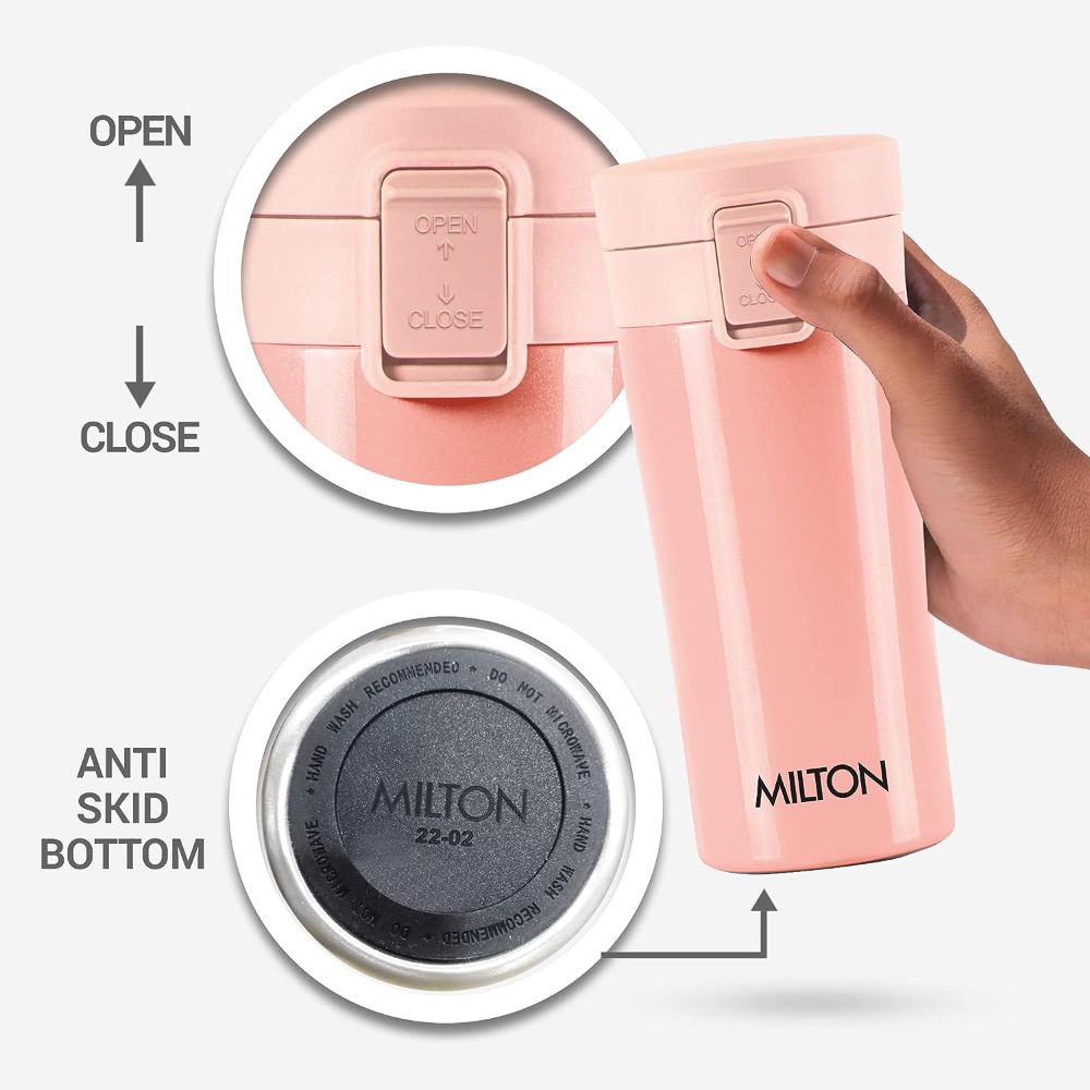 Milton Coffee Mug Thermosteel Hot or Cold Insulated Flask, 350 ml, Peach | Leak Proof | Rust Proof | Tea Mug | Soup Flask | Juice Mug | Water Flask | Easy Grip | Easy to Carry