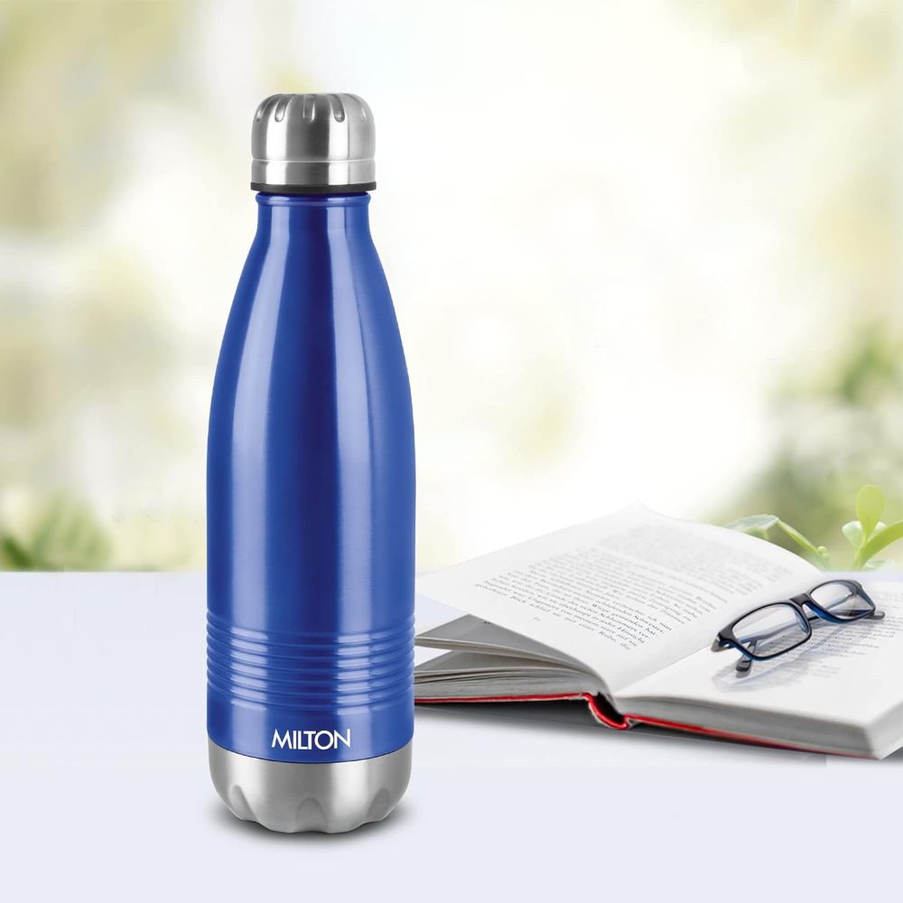 Milton Duo DLX 350 Thermosteel 24 Hours Hot and Cold Water Bottle, 1 Piece, 350 ml, Blue | Leak Proof | Office Bottle | Gym | Home | Kitchen | Hiking | Trekking | Travel Bottle