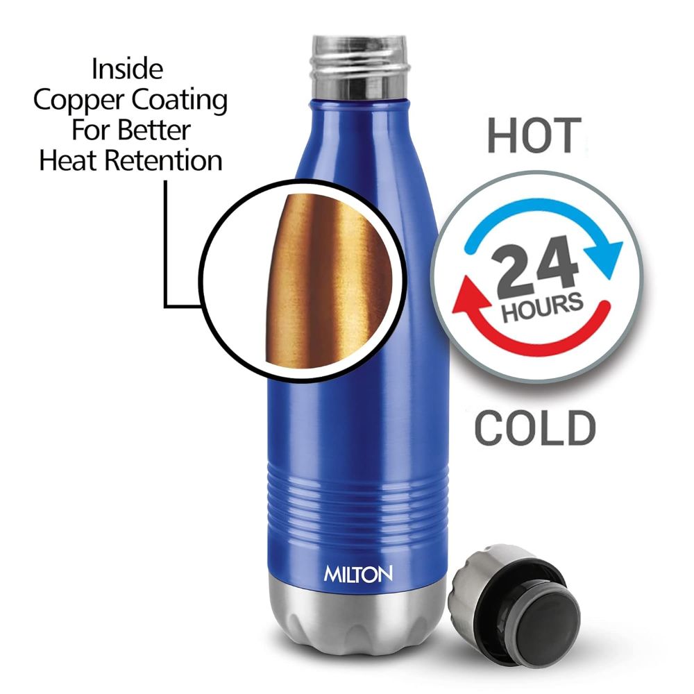 Milton Duo DLX 750 Thermosteel 24 Hours Hot and Cold Water Bottle, 1 Piece, 700 ml, Blue | Leak Proof | Office Bottle | Gym | Home | Kitchen | Hiking | Trekking | Travel Bottle