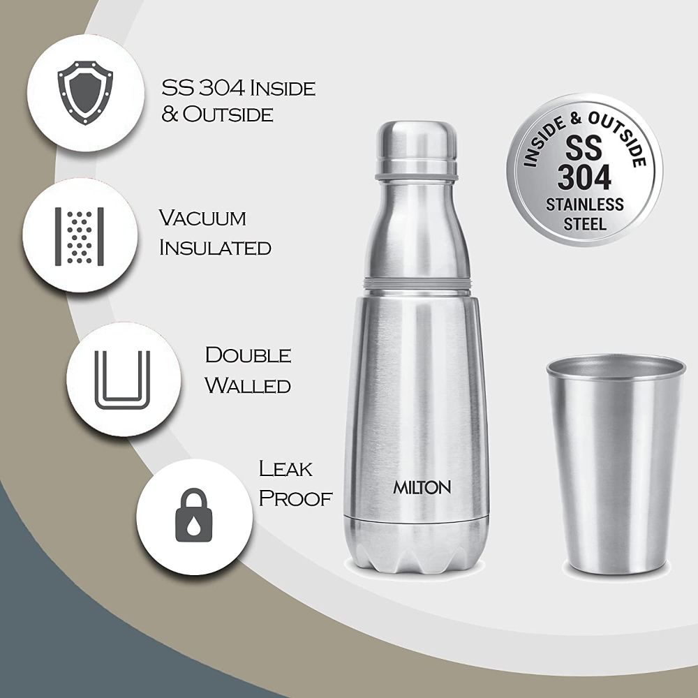 Milton Vertex Steel 500 Thermosteel Hot or Cold Water Bottle with Tumbler, 500 ml, Silver