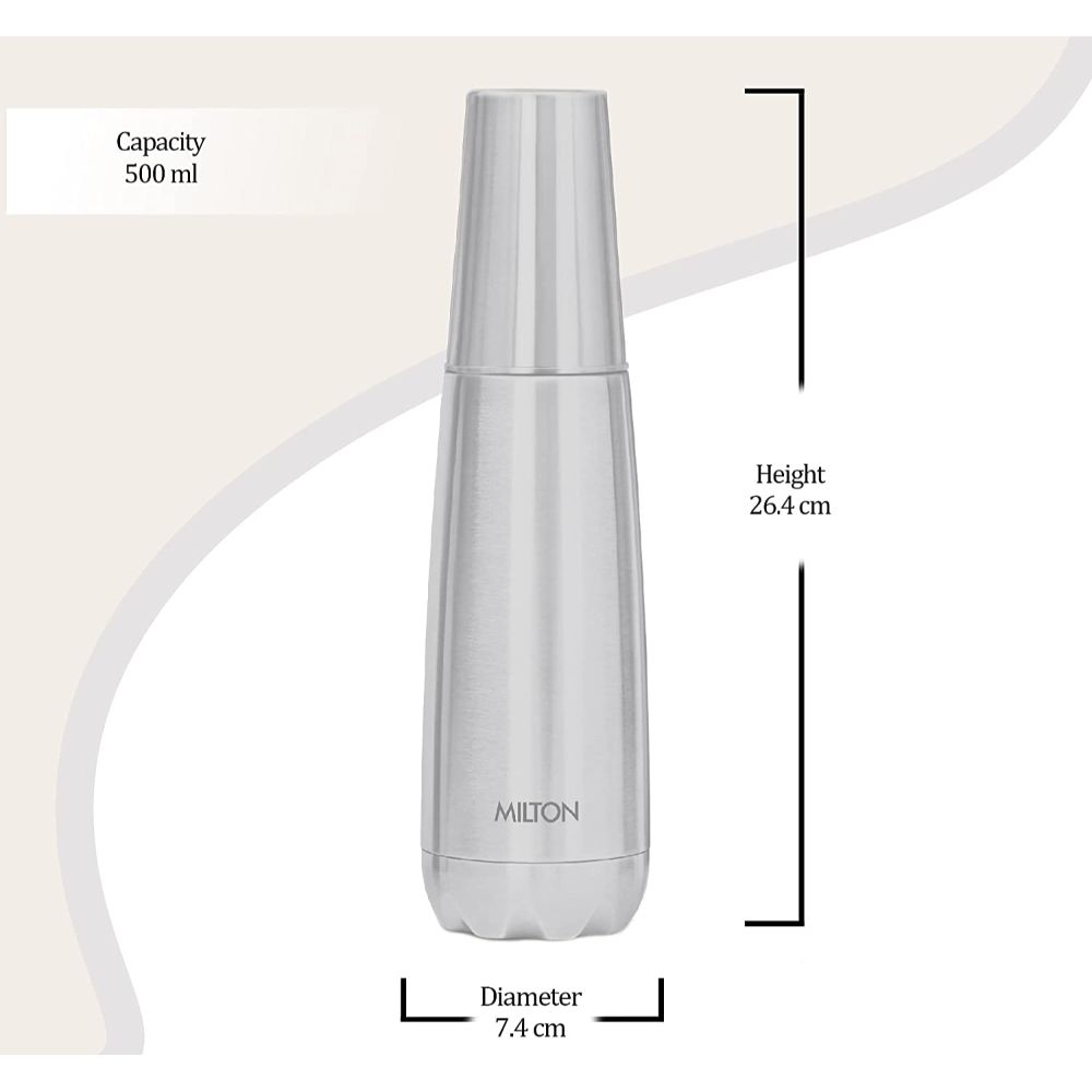 Milton Vertex Steel 500 Thermosteel Hot or Cold Water Bottle with Tumbler, 500 ml, Silver