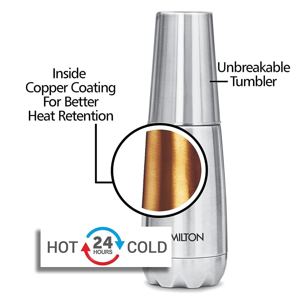 Milton Vertex Steel 500 Thermosteel Hot or Cold Water Bottle with Tumbler, 500 ml, Silver