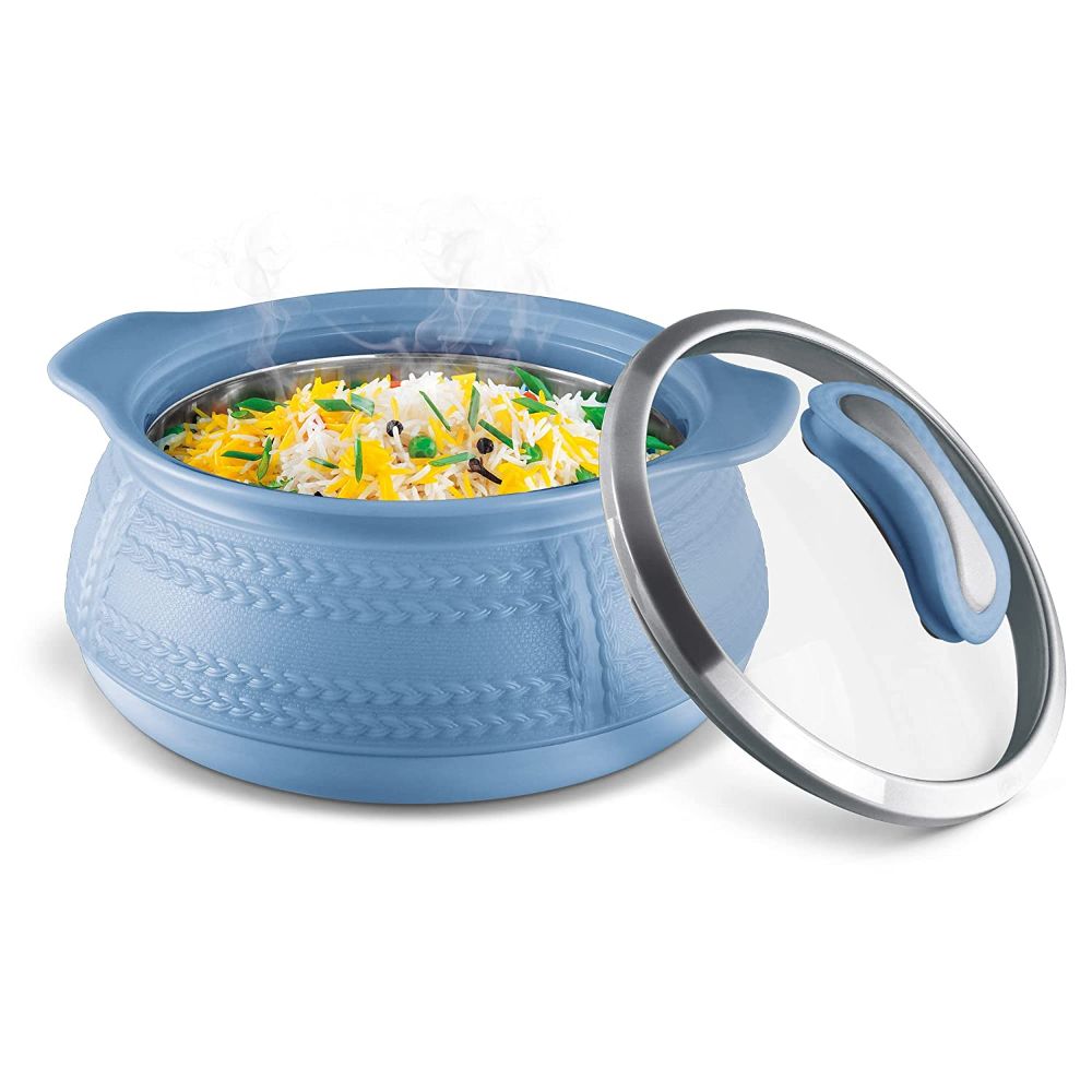 Milton Weave 1000 Insulated Inner Stainless Steel Casserole with Glass Lid, 780 ML, Blue | BPA Free | Food Grade | Easy to Carry | Easy to Store | Ideal For Chapatti | Roti | Curd Maker