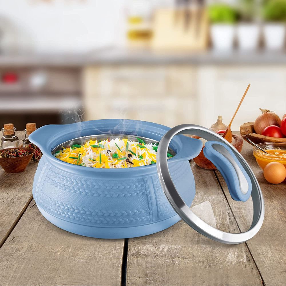 Milton Weave 1000 Insulated Inner Stainless Steel Casserole with Glass Lid, 780 ML, Blue | BPA Free | Food Grade | Easy to Carry | Easy to Store | Ideal For Chapatti | Roti | Curd Maker