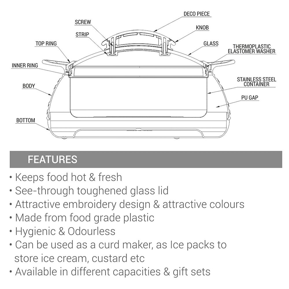Milton Weave 1000 Insulated Inner Stainless Steel Casserole with Glass Lid, 780 ML, Blue | BPA Free | Food Grade | Easy to Carry | Easy to Store | Ideal For Chapatti | Roti | Curd Maker