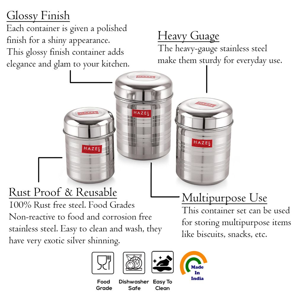 HAZEL Stainless Steel Kitchen Containers for Storage Set of 3 | Airtight Containers for Food Storage