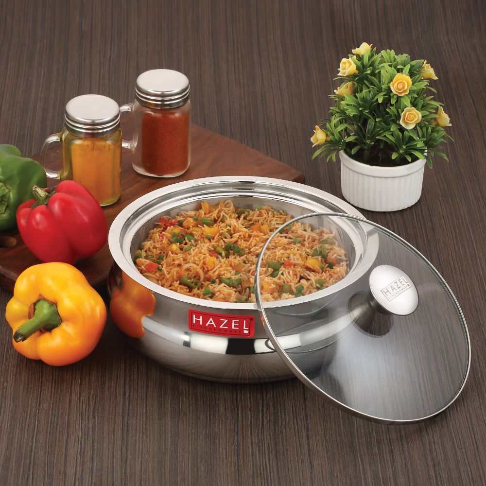 HAZEL Stainless Steel Casserole for Roti With Glass Lid | Chapati Casserole with Transparent Lid | Steel Roti Dabba for Serving | Hotcase for food serving, 800 ML, Silver