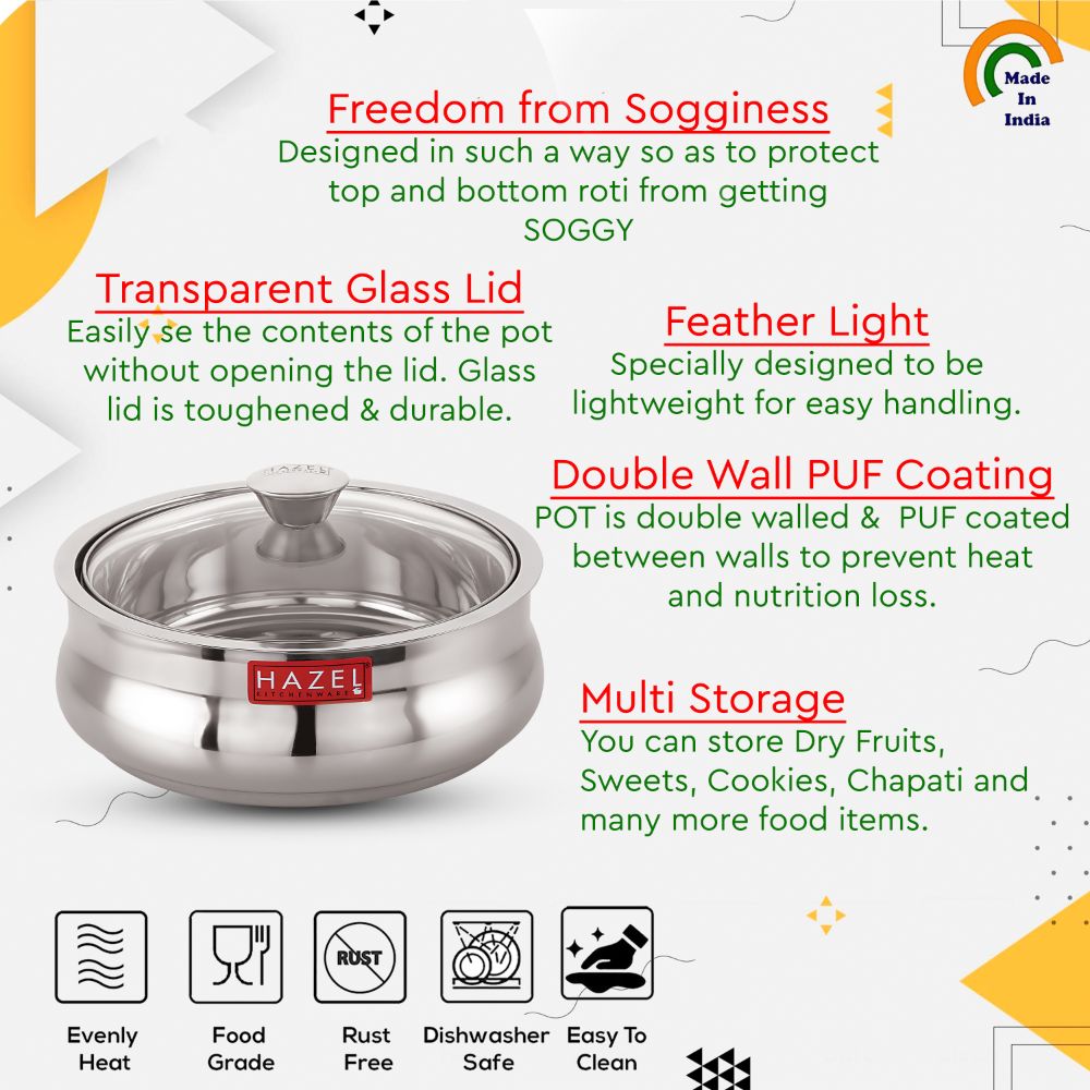 HAZEL Stainless Steel Casserole for Roti With Glass Lid | Chapati Casserole with Transparent Lid | Steel Roti Dabba for Serving | Hotcase for food serving, 800 ML, Silver