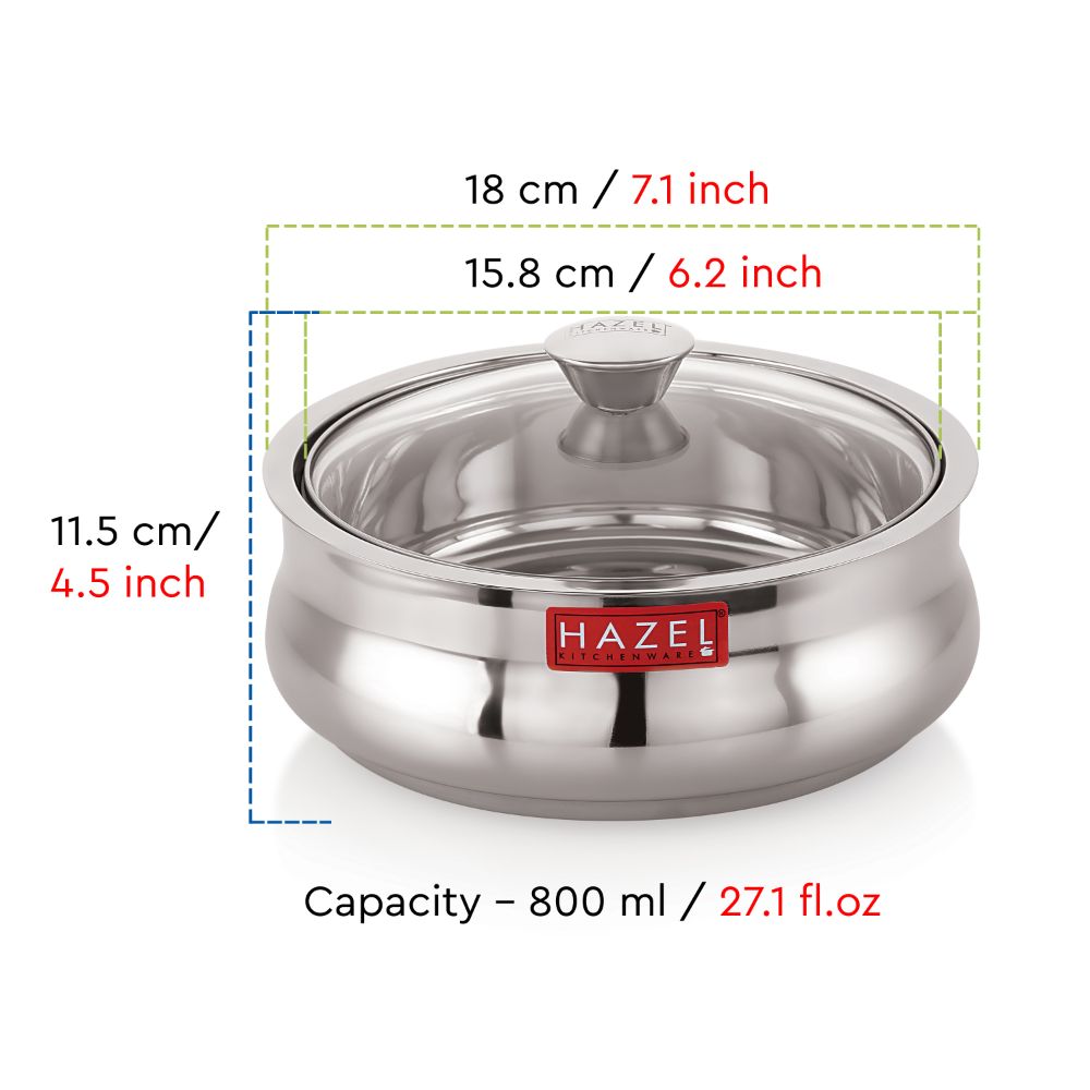 HAZEL Stainless Steel Casserole for Roti With Glass Lid | Chapati Casserole with Transparent Lid | Steel Roti Dabba for Serving | Hotcase for food serving, 800 ML, Silver