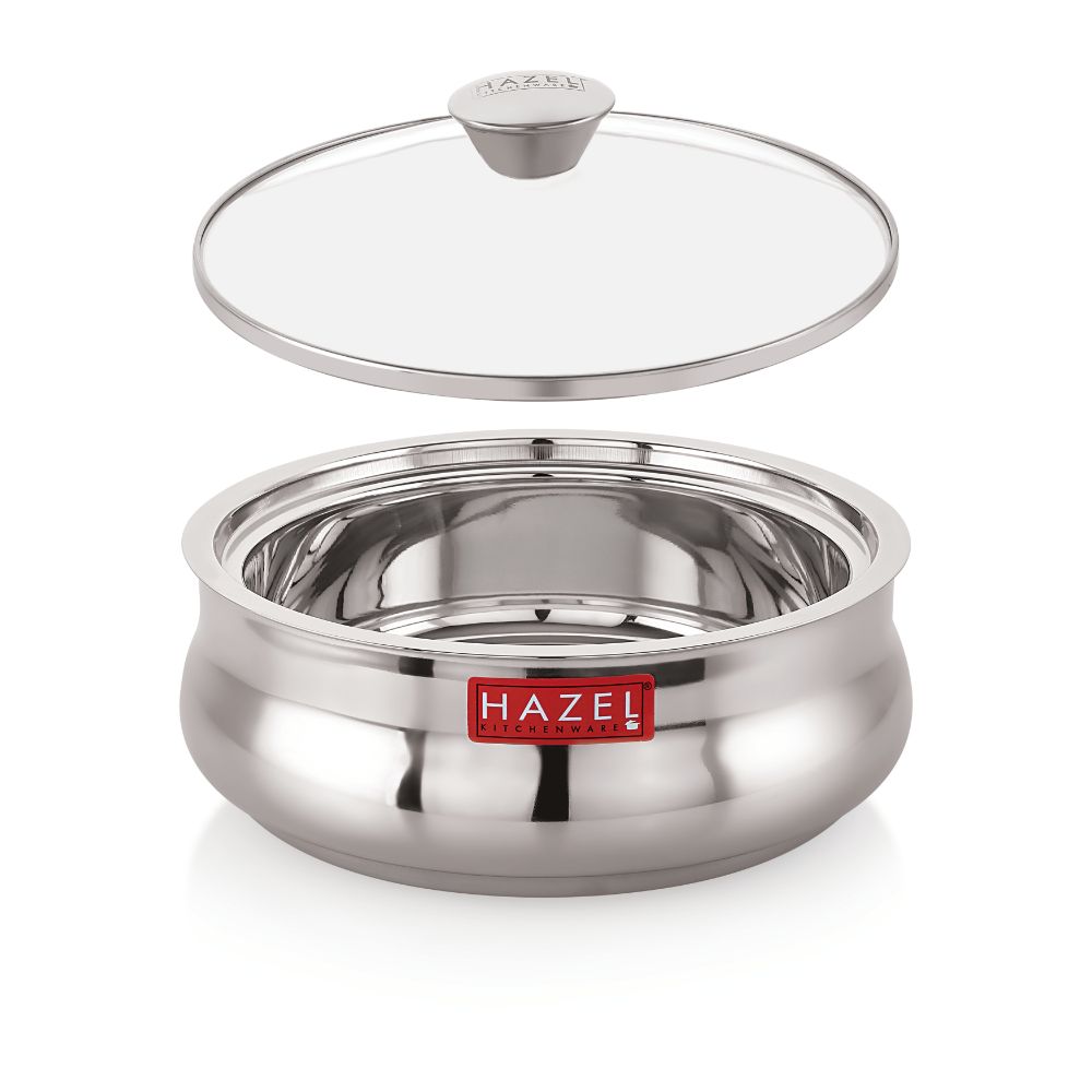 HAZEL Stainless Steel Casserole for Roti With Glass Lid | Chapati Casserole with Transparent Lid | Steel Roti Dabba for Serving | Hotcase for food serving, 800 ML, Silver