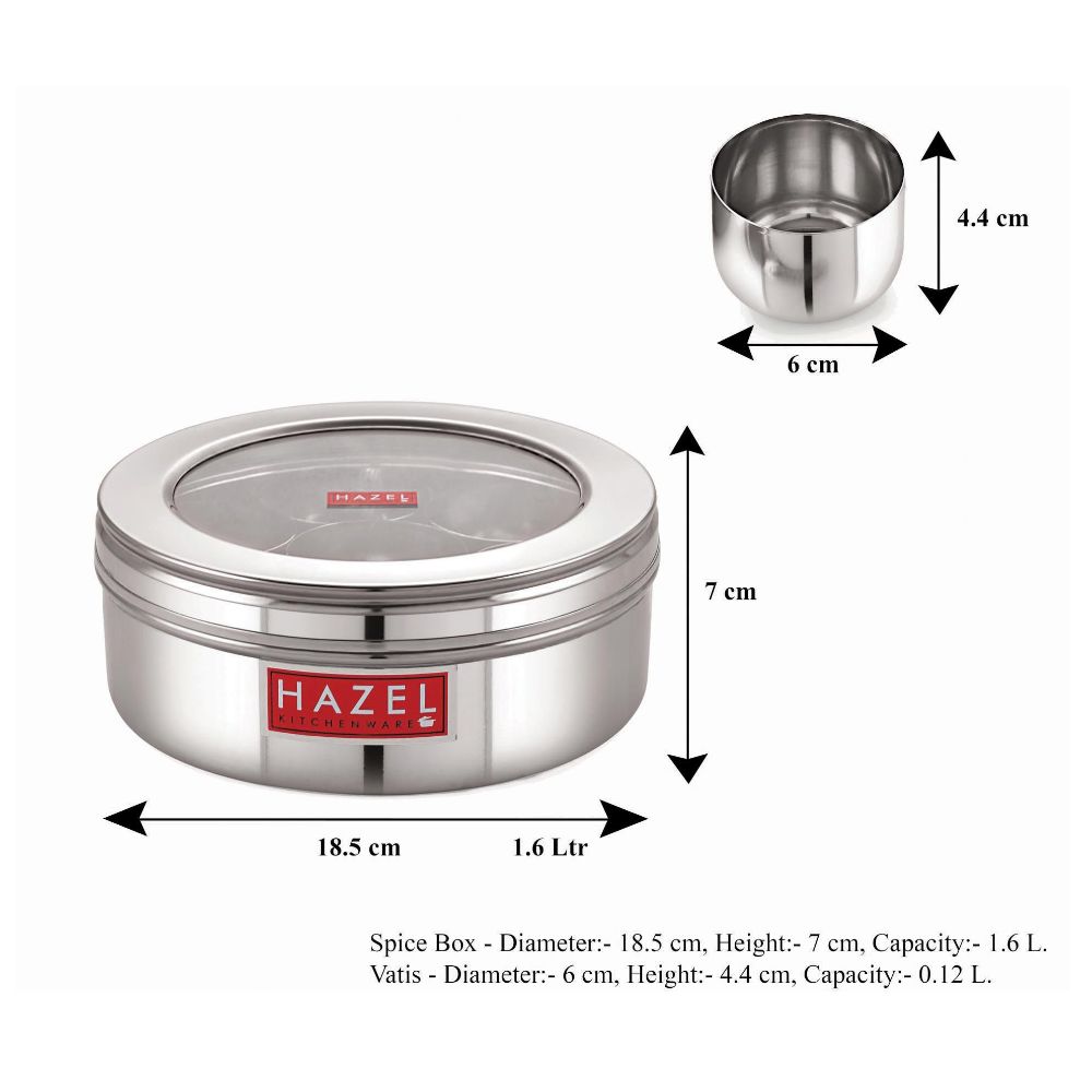HAZEL Masala Box with 7 Wati & Small Spoon with Transparent Lid | Airtight Container for Masala