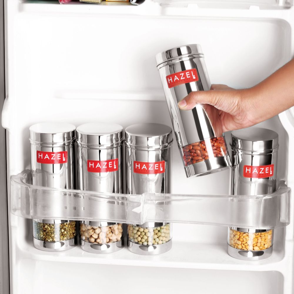 HAZEL Fridge Storage Container for Kitchen Storage | See through Refrigerator Storage Slim Container | Stainless Steel Food Storage Container For Kitchen 600 ML, Silver