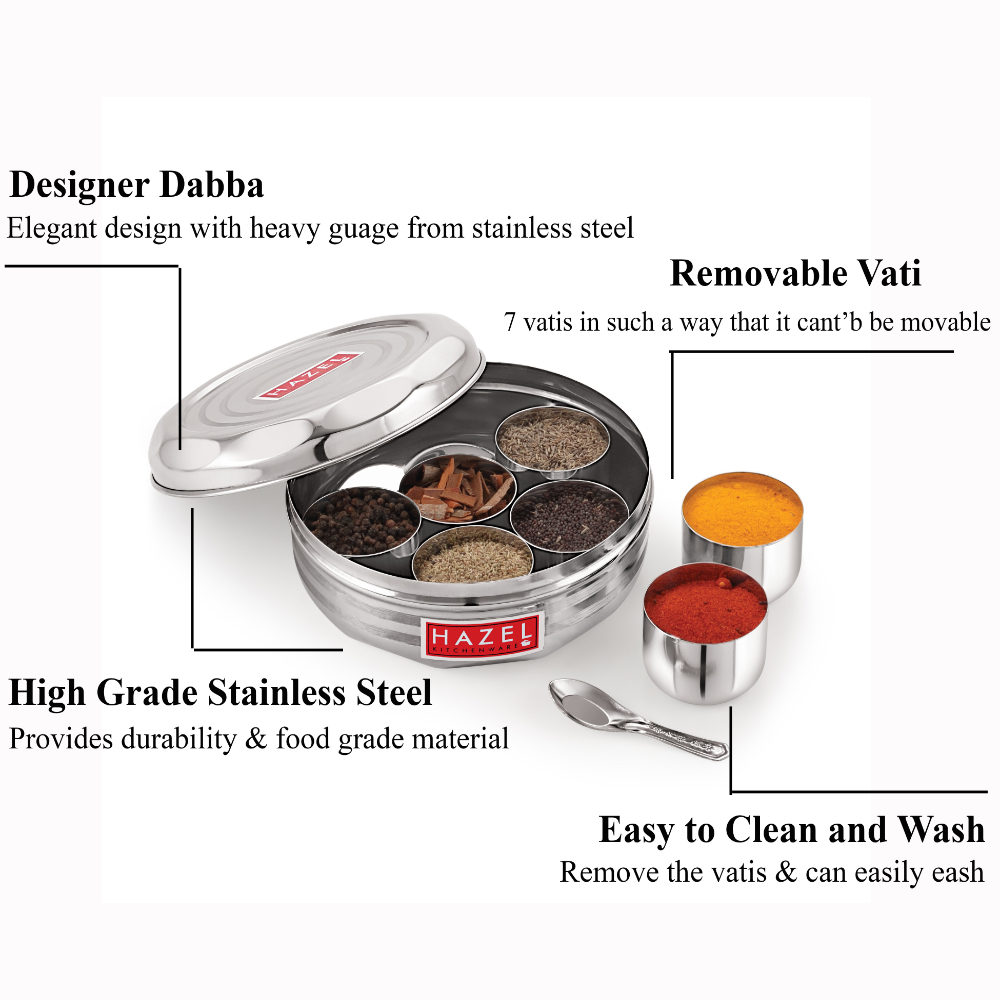 HAZEL Stainless Steel Masala Box, Dabba, Spice Container, Diameter: 18.5 cm