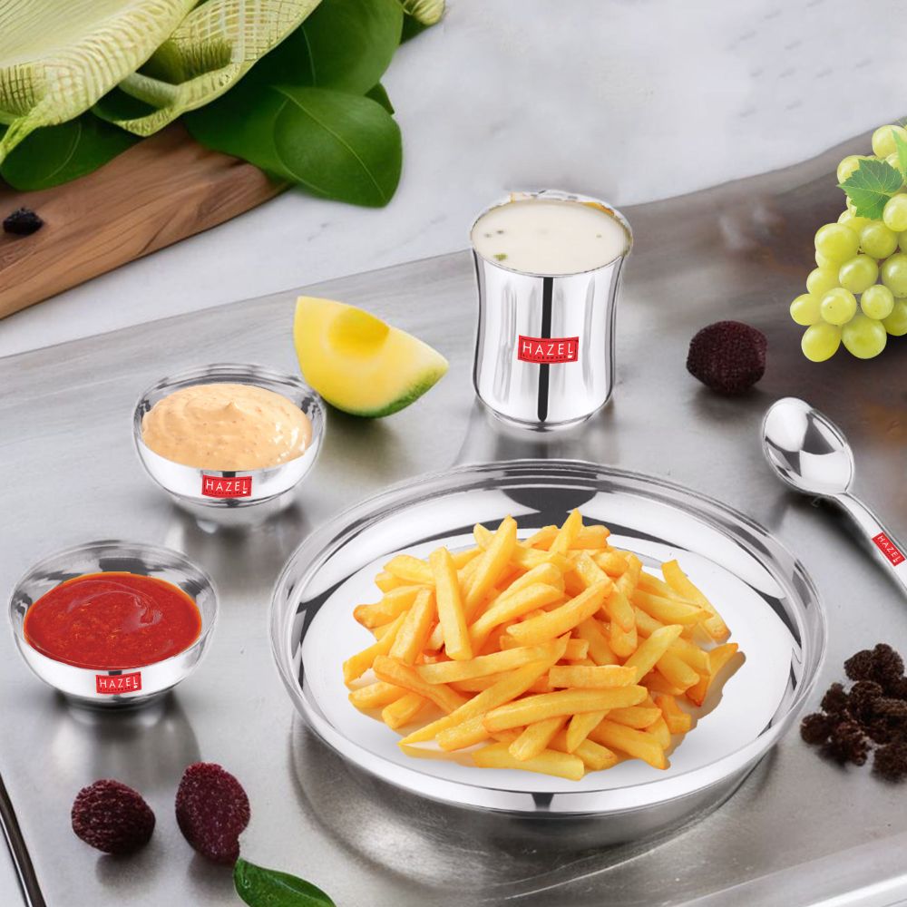HAZEL Stainless Steel Dinner Set For Kids | APPLE Baby Dinner Set Combo of Steel plate, glass, Bowl & Spoon | Baby Dinner Set for 6 to 12 month
