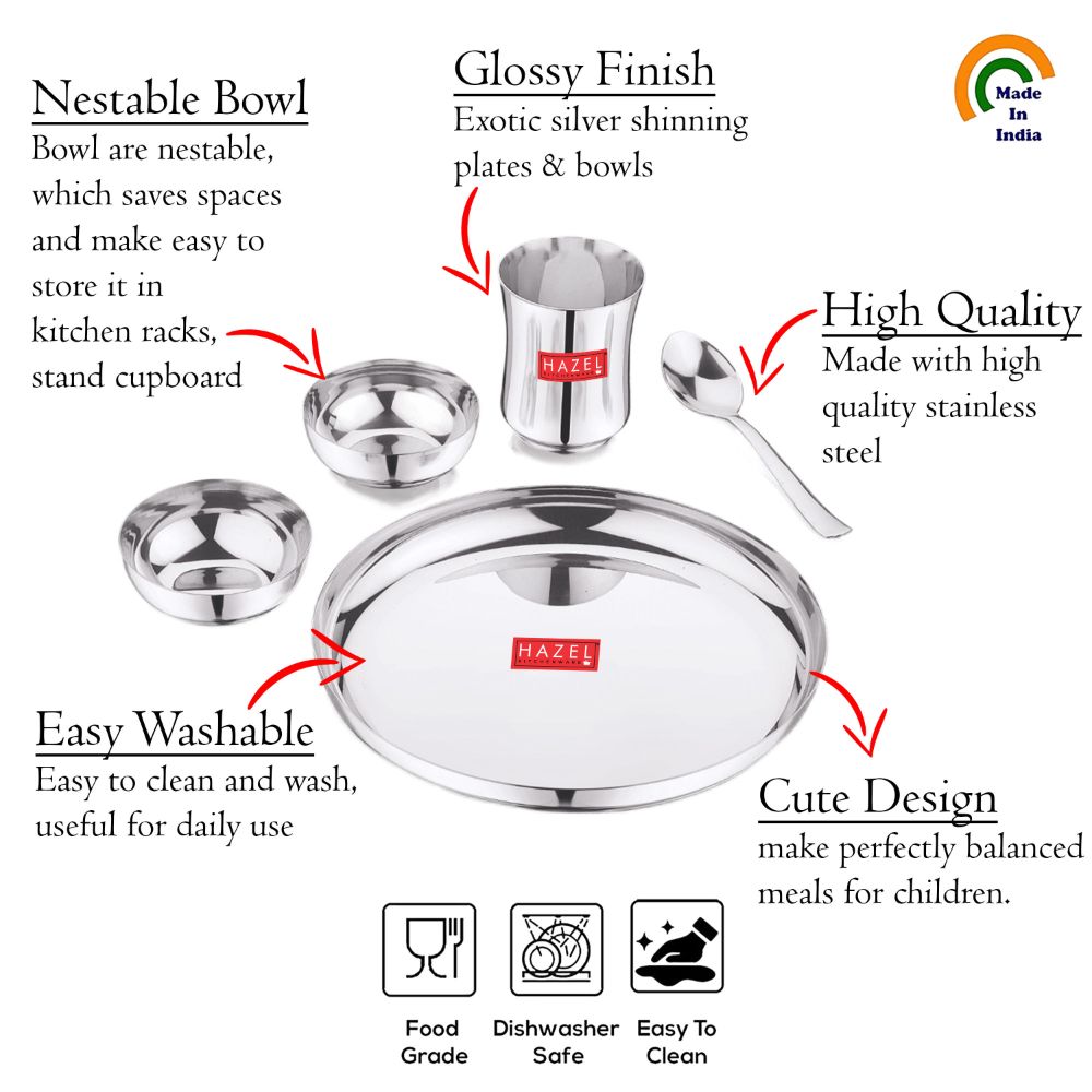 HAZEL Stainless Steel Dinner Set For Kids | APPLE Baby Dinner Set Combo of Steel plate, glass, Bowl & Spoon | Baby Dinner Set for 6 to 12 month
