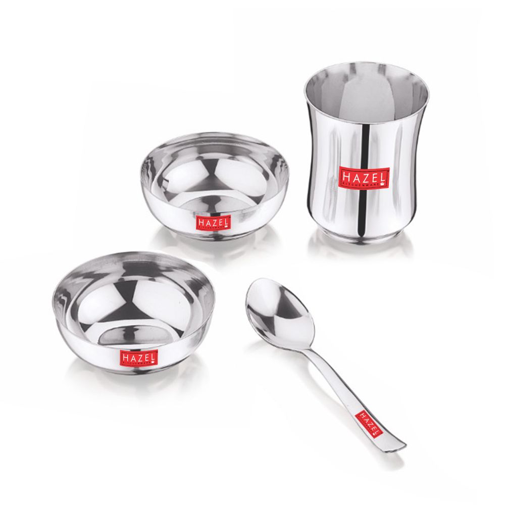 HAZEL Stainless Steel Dinner Set For Kids | APPLE Baby Dinner Set Combo of Steel plate, glass, Bowl & Spoon | Baby Dinner Set for 6 to 12 month