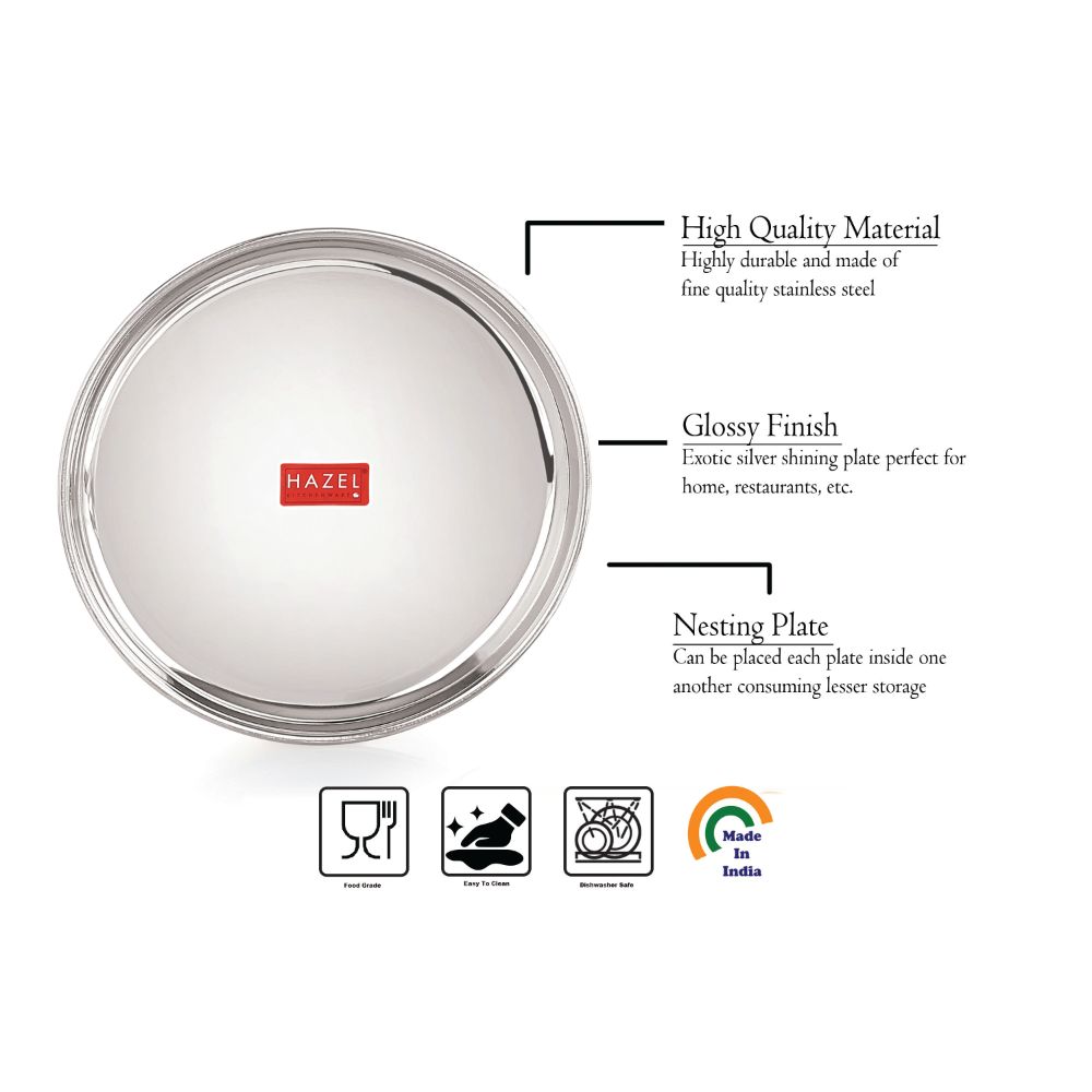 HAZEL Stainless Steel Breakfast Plate with Glossy Finish | Quarter Plates for Kids Serveware Tableware | Thali plates For Kitchen | Serving Plates Set of 1, 23.5 cm