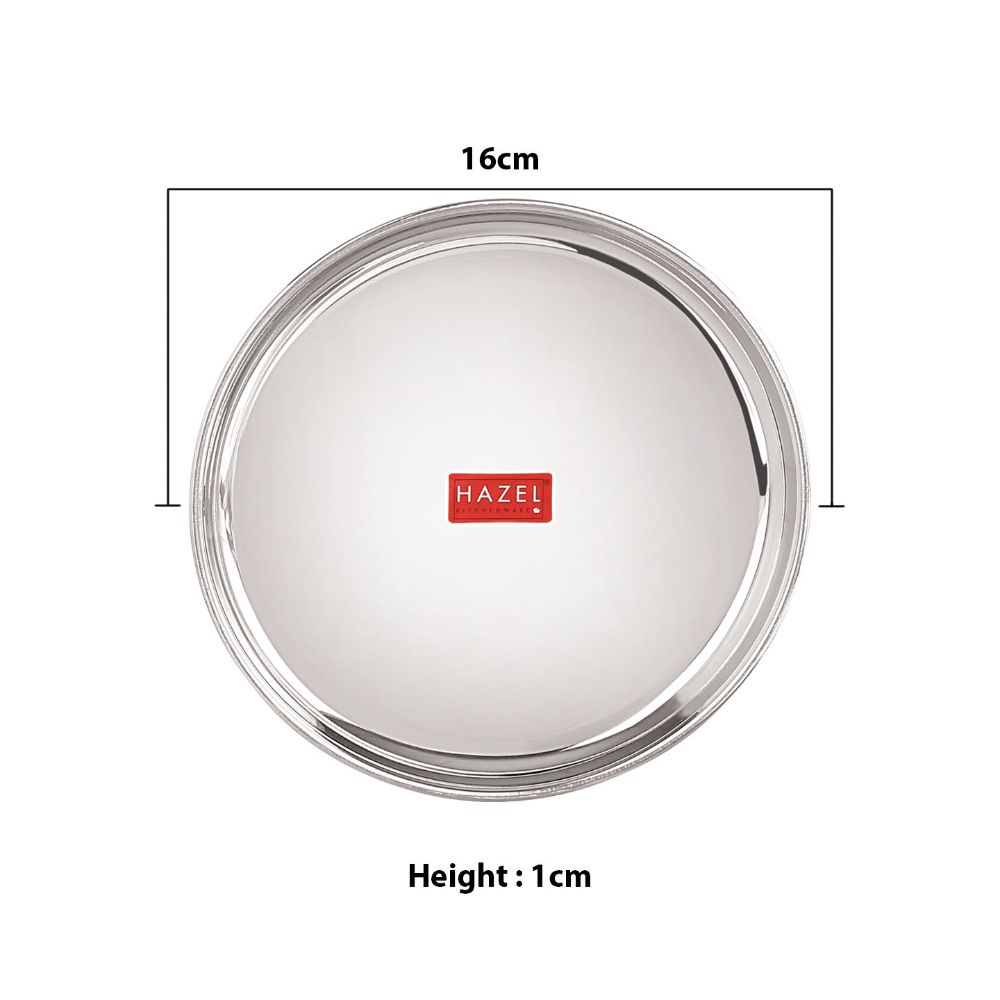 HAZEL Stainless Steel Snack Plates With Mirror Finish | Quarter Plates Set for Kitchen | Steel Plates for Kids | Glossy Finish Thali Set of 1, 16 cm