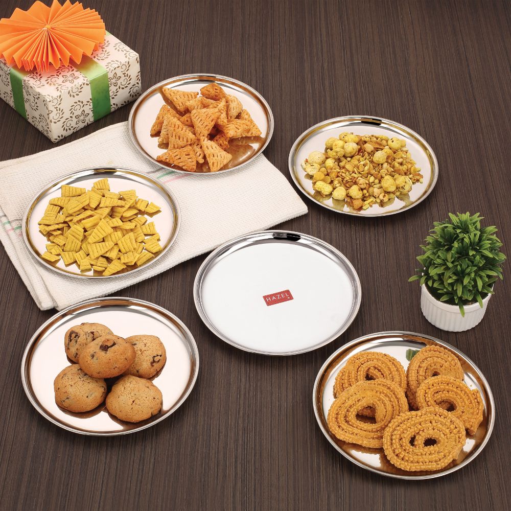 HAZEL Stainless Steel Serving Plate with Glossy Finish | Thali plates For Kitchen | Serveware Snacks Plates for Kids | Breakfast Plates Set of 6, 21 cm