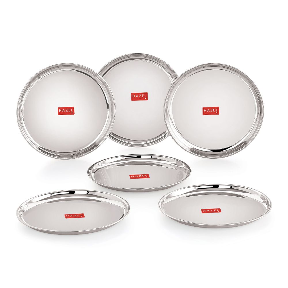 HAZEL Stainless Steel Serving Plate with Glossy Finish | Thali plates For Kitchen | Serveware Snacks Plates for Kids | Breakfast Plates Set of 6, 21 cm