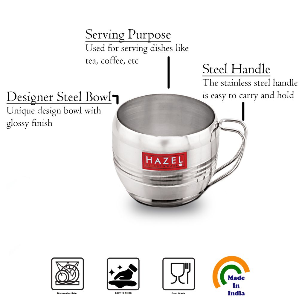 HAZEL Stainless Steel Tea Cup | Steel Unbreakable Chai Tea Coffee Cup Mug Latest Design Capacity 170ml Each, Silver