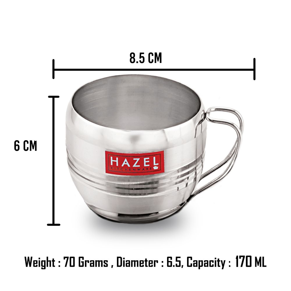 HAZEL Stainless Steel Tea Cup | Steel Unbreakable Chai Tea Coffee Cup Mug Latest Design Capacity 170ml Each, Silver