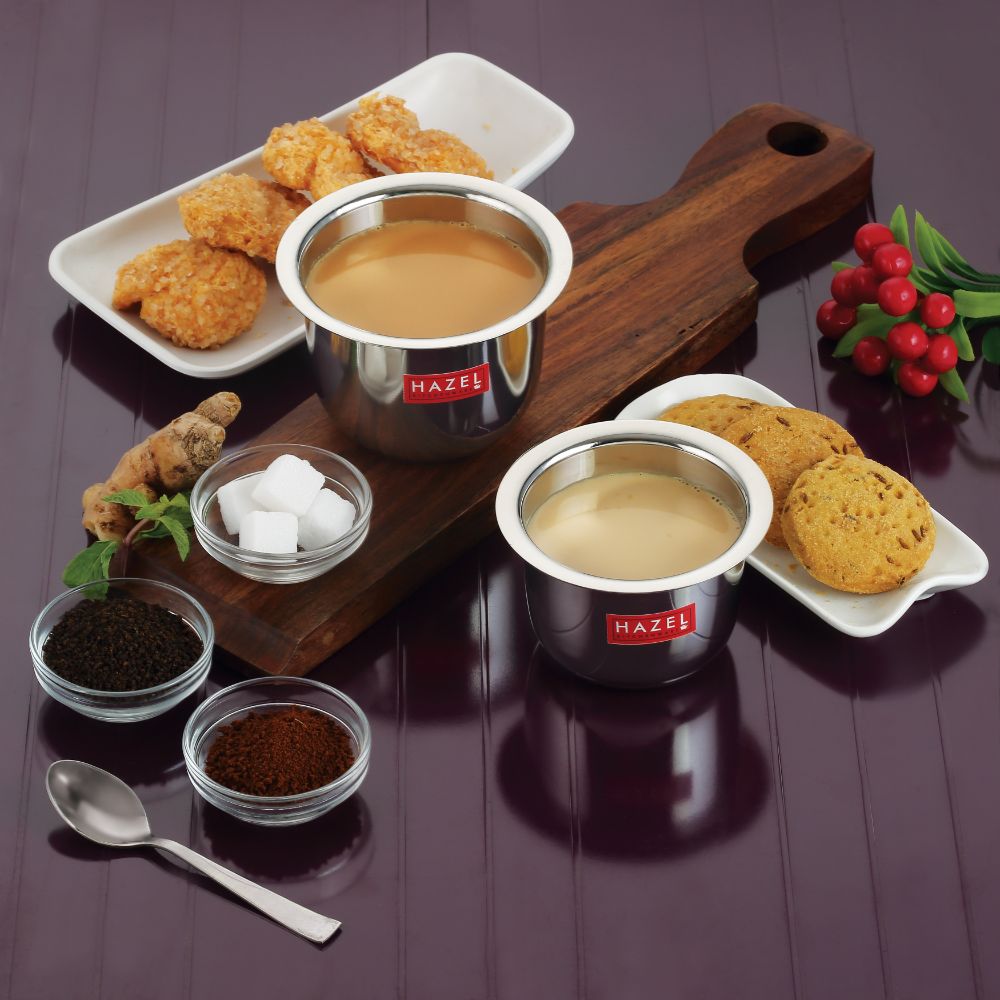 HAZEL Stainless Steel Tea Glasses Large Traditional Design Coffee Milk Serving Glass Patra Pela, 10 cm, 200 ML, Silver