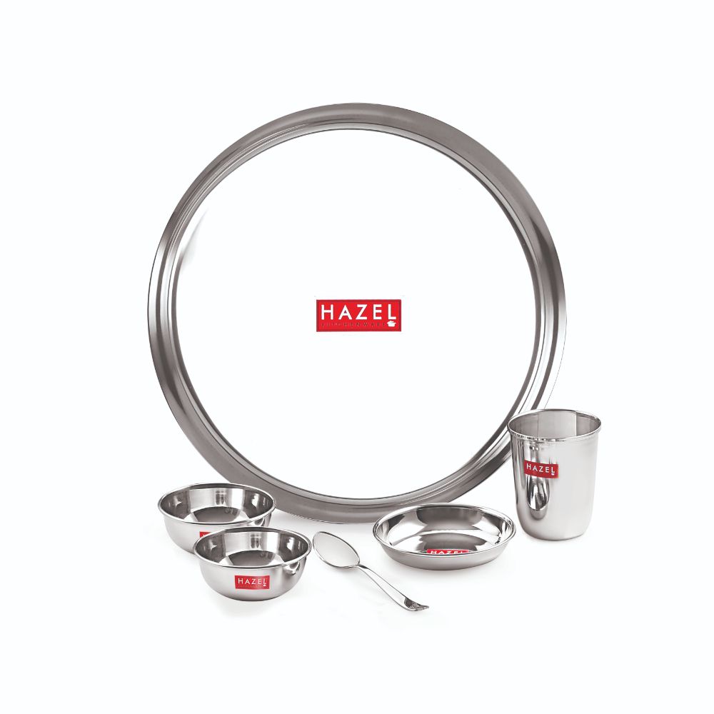HAZEL Stainless Steel Dinner Set Of 6 | Dinner Set Steel (1 Steel Plate, 1 Steel Glass, 2 Bowl, 1 Spoon, 1 Dessert Plate) 6 Pieces, Silver